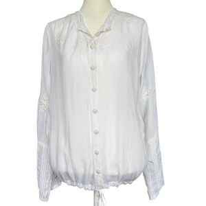 Johnny Was White Embroidered Long Sleeve Sheer‎ Blouse Sz M